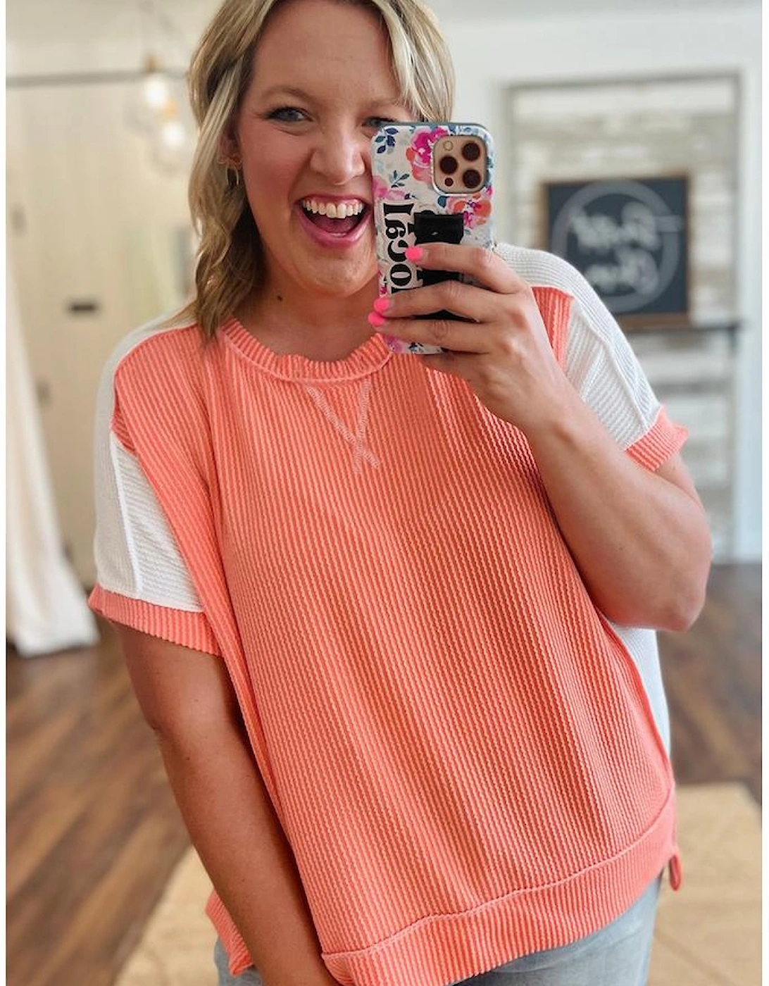 Carrot Twist Rib Colorblock Hi Low Plus Size Short Sleeve Top