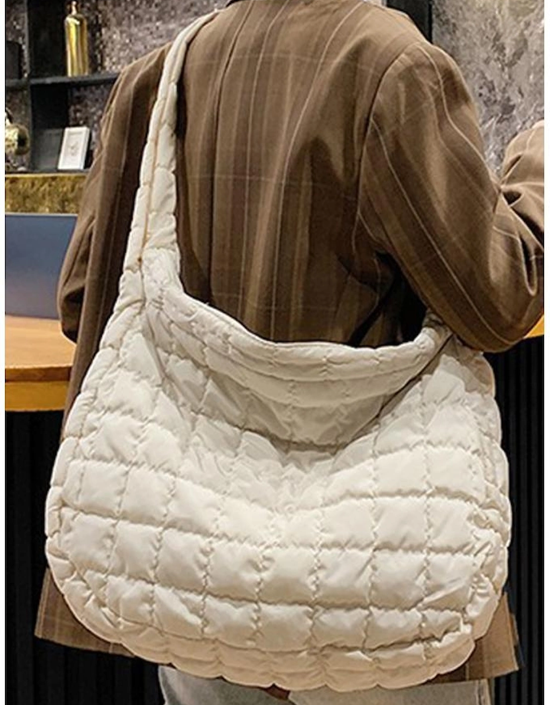 White Quilted Zipper Large Shoulder Bag