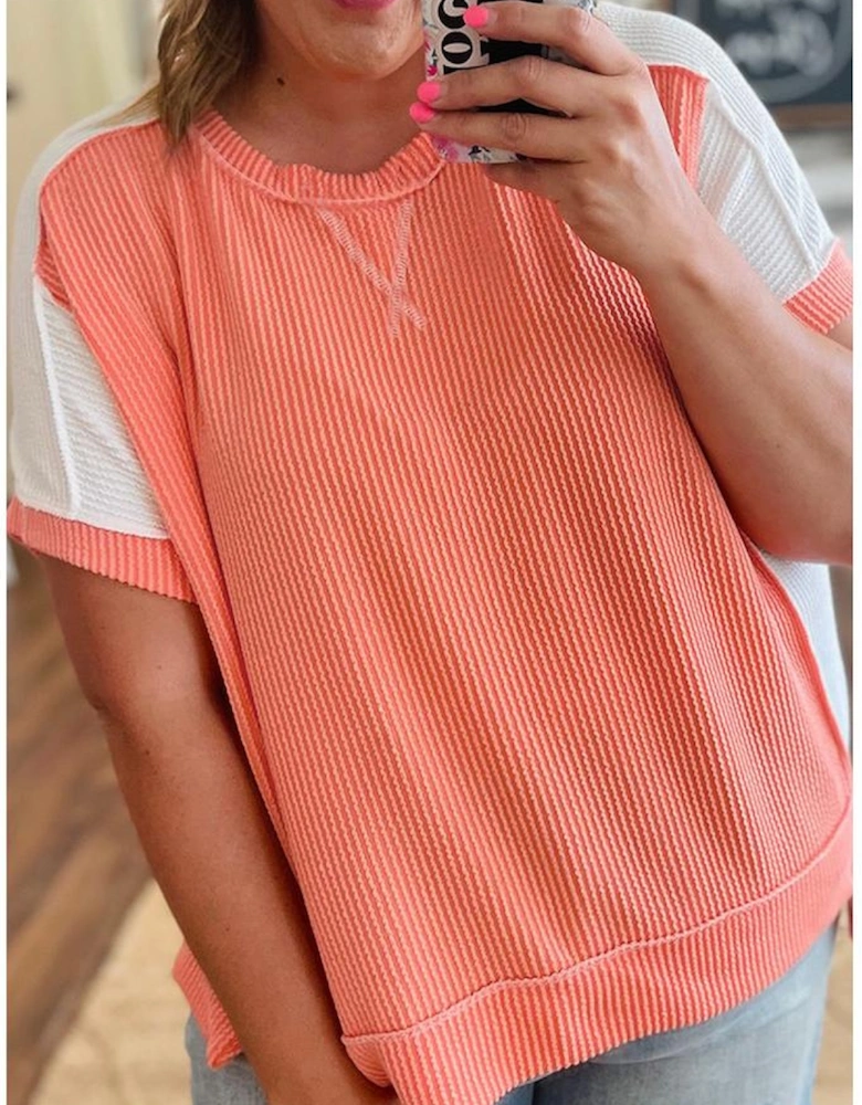 Carrot Twist Rib Colorblock Hi Low Plus Size Short Sleeve Top