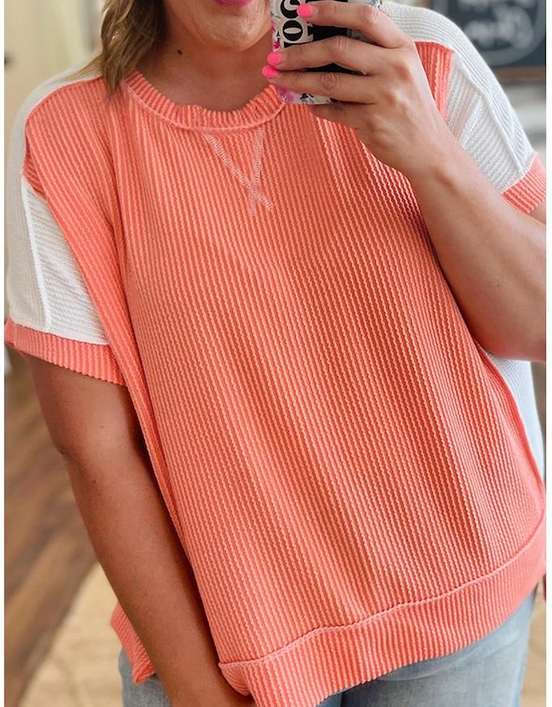 Carrot Twist Rib Colorblock Hi Low Plus Size Short Sleeve Top