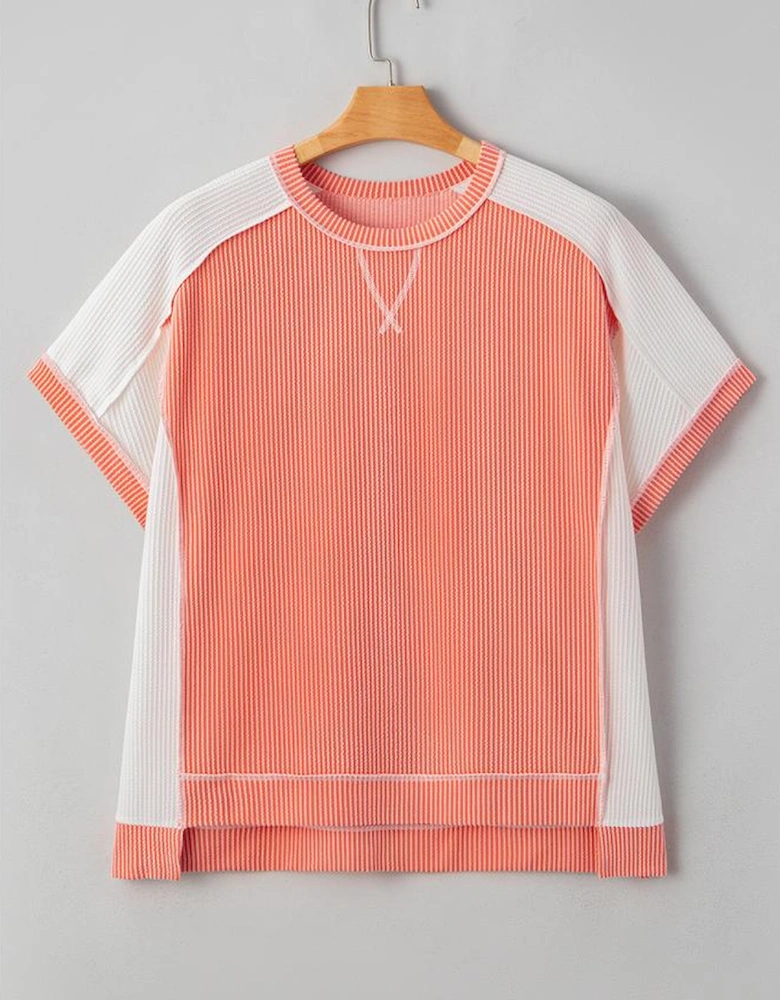Carrot Twist Rib Colorblock Hi Low Plus Size Short Sleeve Top