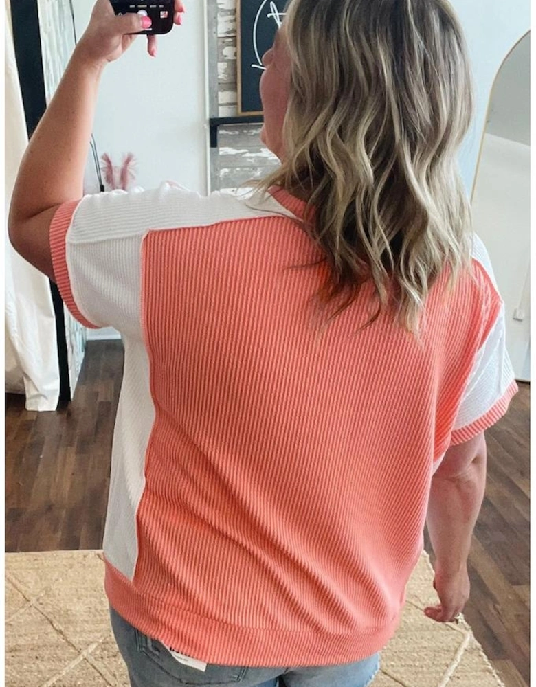 Carrot Twist Rib Colorblock Hi Low Plus Size Short Sleeve Top