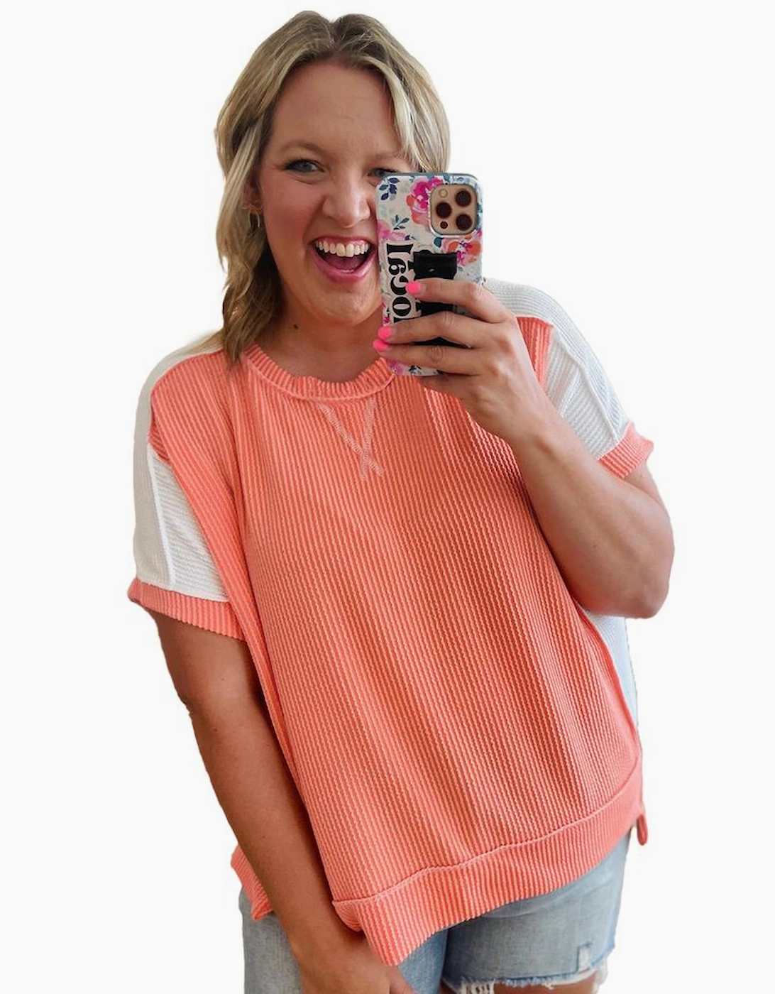 Carrot Twist Rib Colorblock Hi Low Plus Size Short Sleeve Top