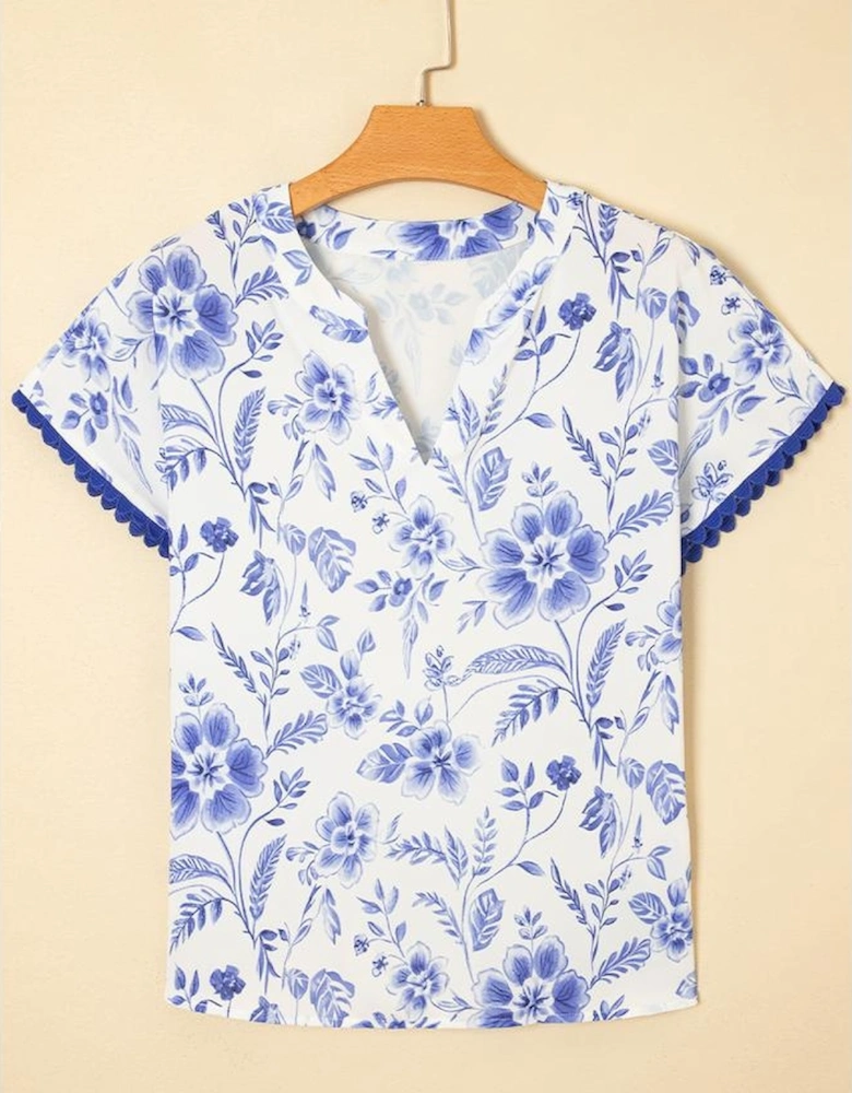 Blue Elegant Floral Print Ricrac Trim Short Sleeve Blouse