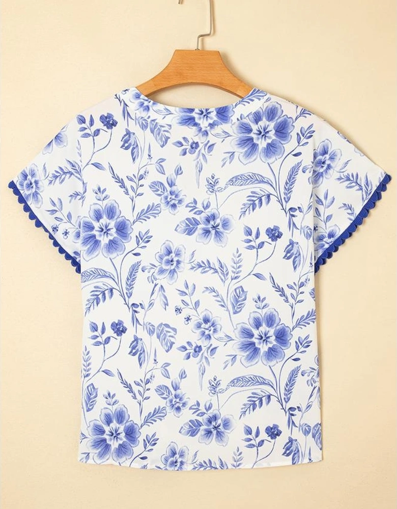 Blue Elegant Floral Print Ricrac Trim Short Sleeve Blouse