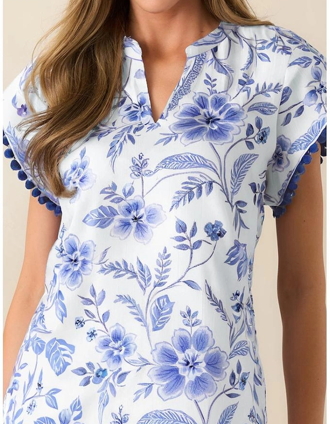 Blue Elegant Floral Print Ricrac Trim Short Sleeve Blouse