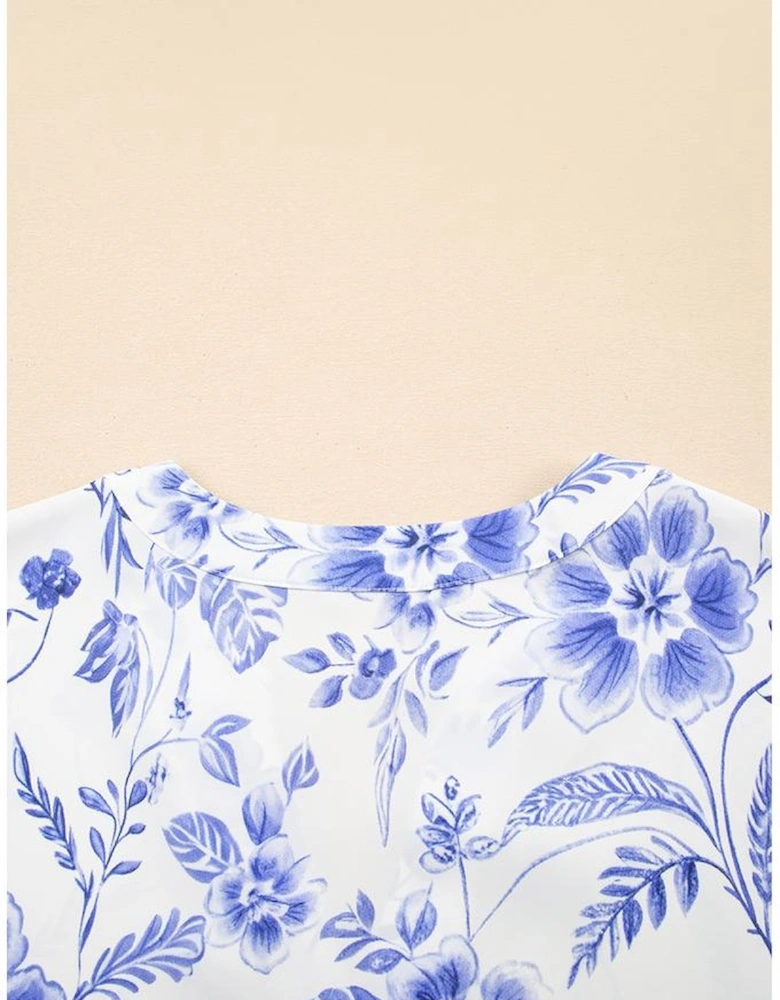 Blue Elegant Floral Print Ricrac Trim Short Sleeve Blouse