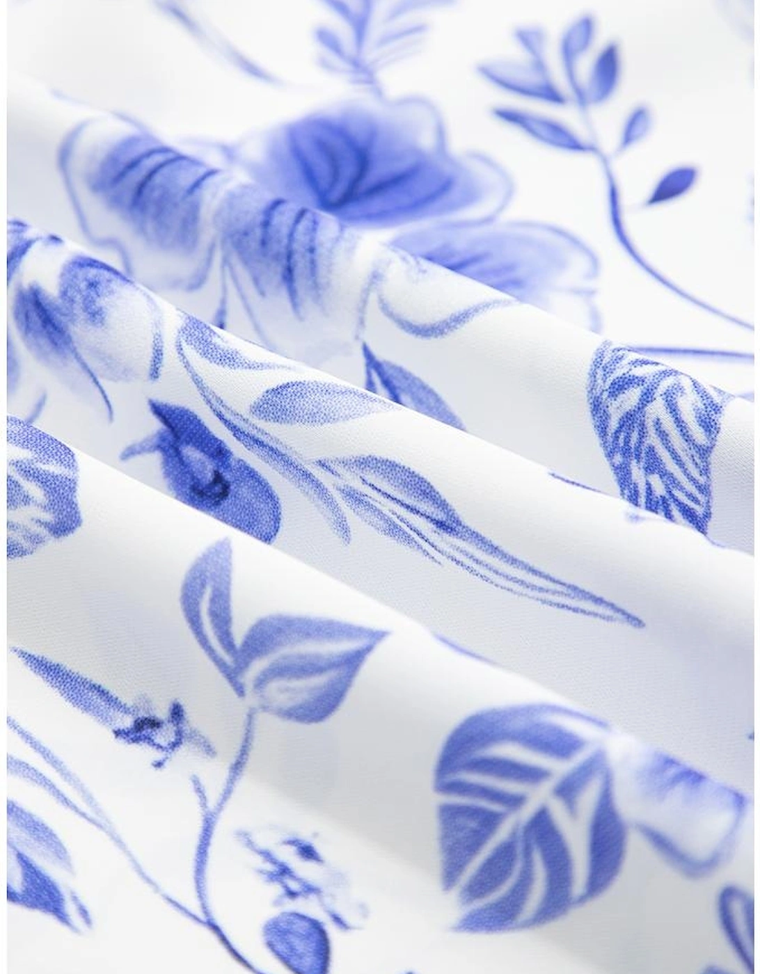 Blue Elegant Floral Print Ricrac Trim Short Sleeve Blouse