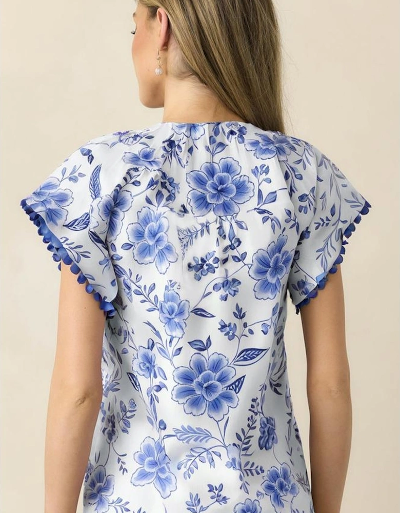 Blue Elegant Floral Print Ricrac Trim Short Sleeve Blouse