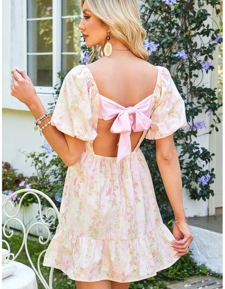 Pink Floral Puff Sleeve Square Neck Knotted Open Back Ruffled Mini Dress