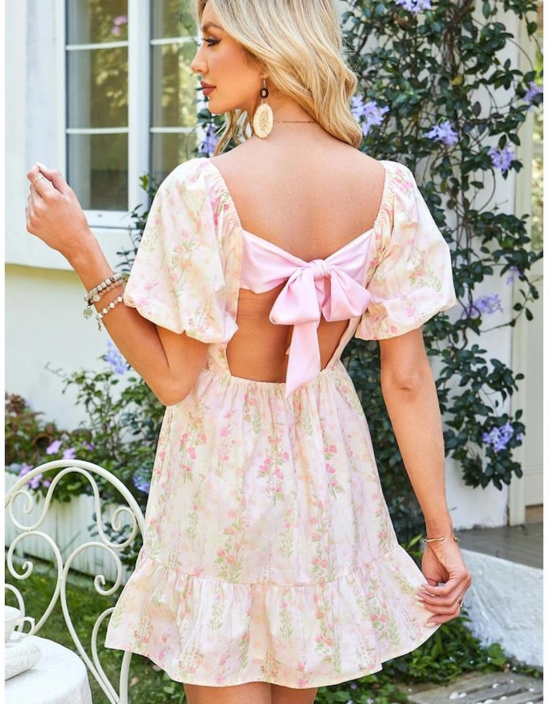 Pink Floral Puff Sleeve Square Neck Knotted Open Back Ruffled Mini Dress, 16 of 15