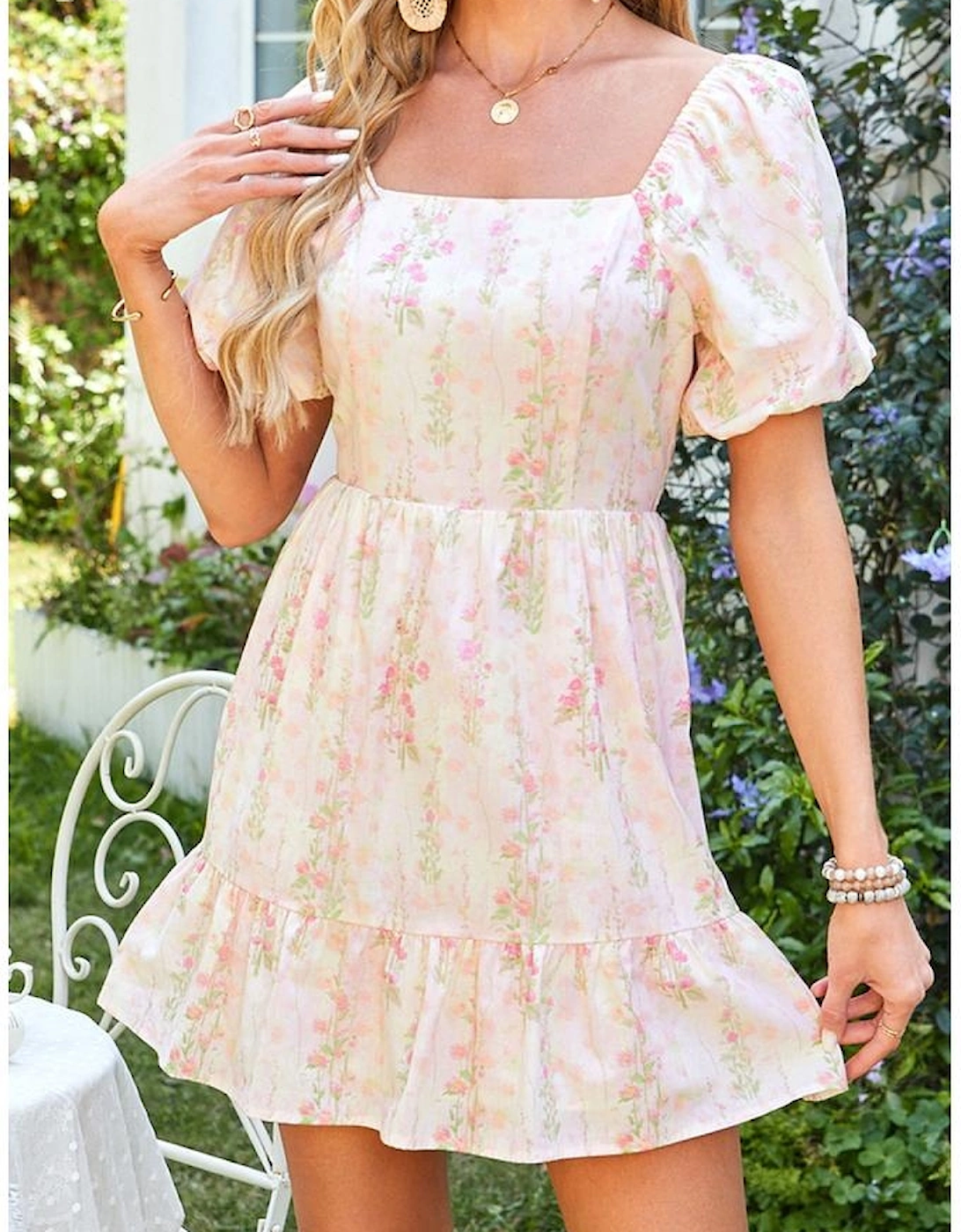 Pink Floral Puff Sleeve Square Neck Knotted Open Back Ruffled Mini Dress