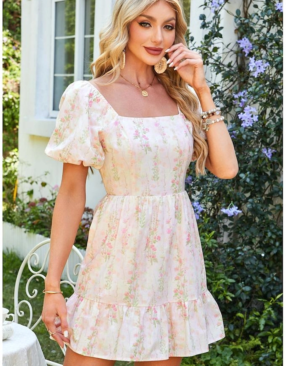 Pink Floral Puff Sleeve Square Neck Knotted Open Back Ruffled Mini Dress