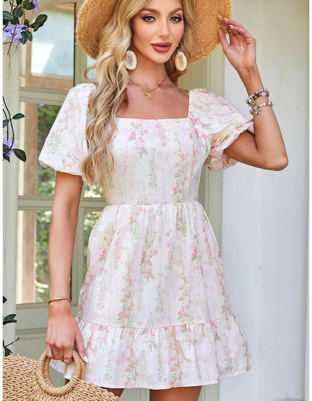 Pink Floral Puff Sleeve Square Neck Knotted Open Back Ruffled Mini Dress