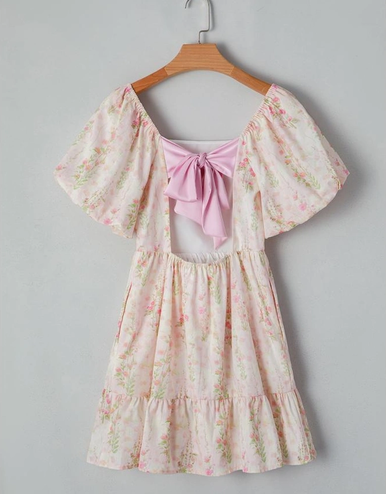 Pink Floral Puff Sleeve Square Neck Knotted Open Back Ruffled Mini Dress