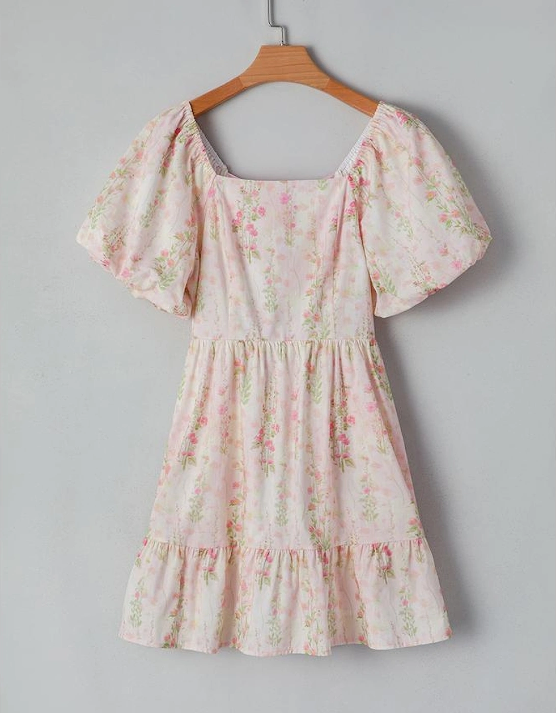 Pink Floral Puff Sleeve Square Neck Knotted Open Back Ruffled Mini Dress