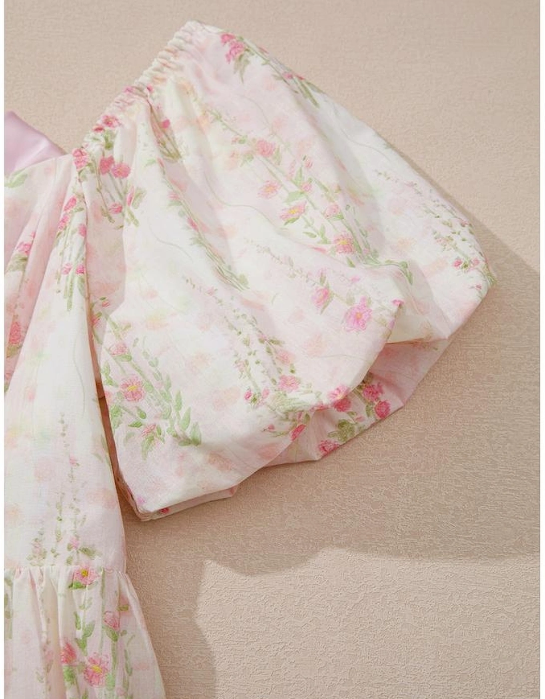 Pink Floral Puff Sleeve Square Neck Knotted Open Back Ruffled Mini Dress