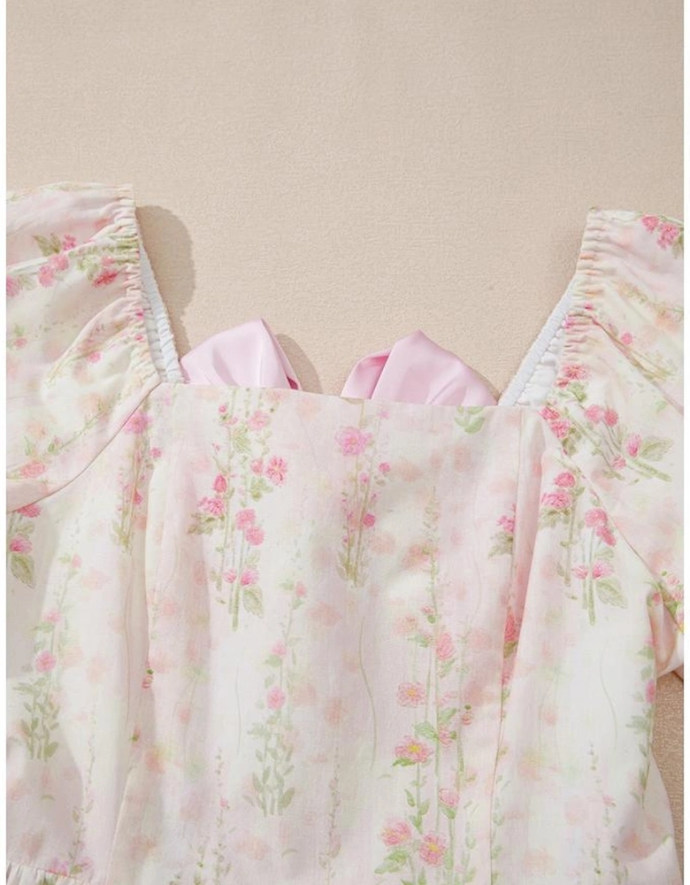Pink Floral Puff Sleeve Square Neck Knotted Open Back Ruffled Mini Dress