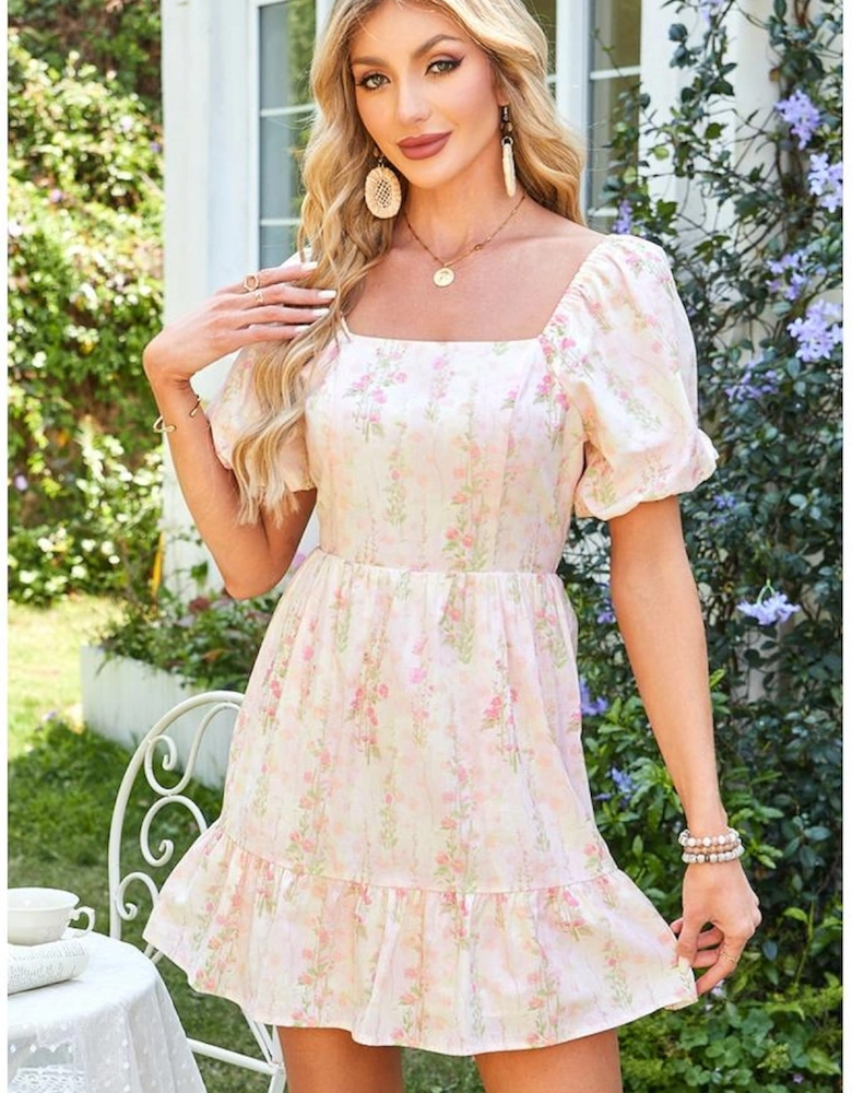Pink Floral Puff Sleeve Square Neck Knotted Open Back Ruffled Mini Dress