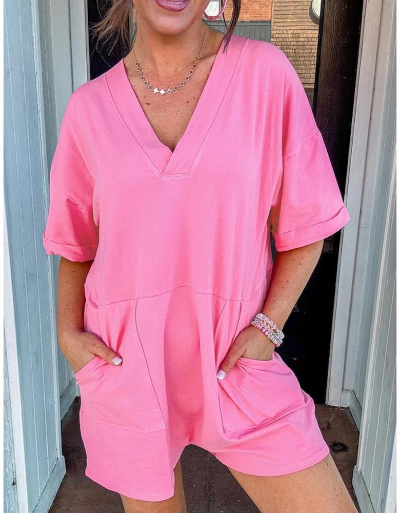 Bonbon Loose Half Sleeve V Neck Knit Romper