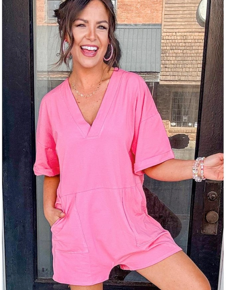 Bonbon Loose Half Sleeve V Neck Knit Romper