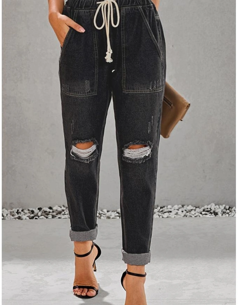 Black Gather Round Distressed Pocketed Denim Jogger