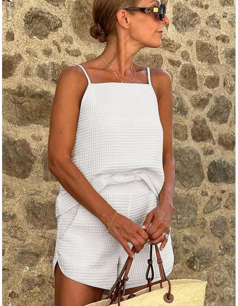 White Waffle Knit Textured Spaghetti Straps Cami and Shorts Set