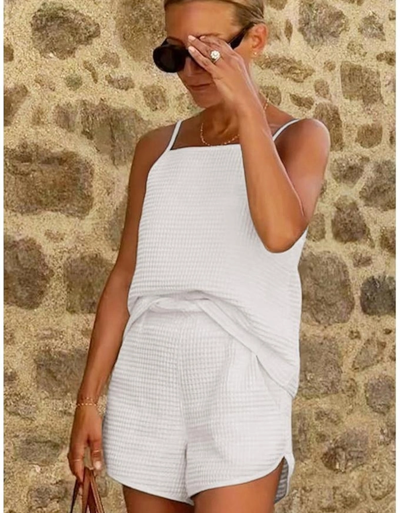 White Waffle Knit Textured Spaghetti Straps Cami and Shorts Set