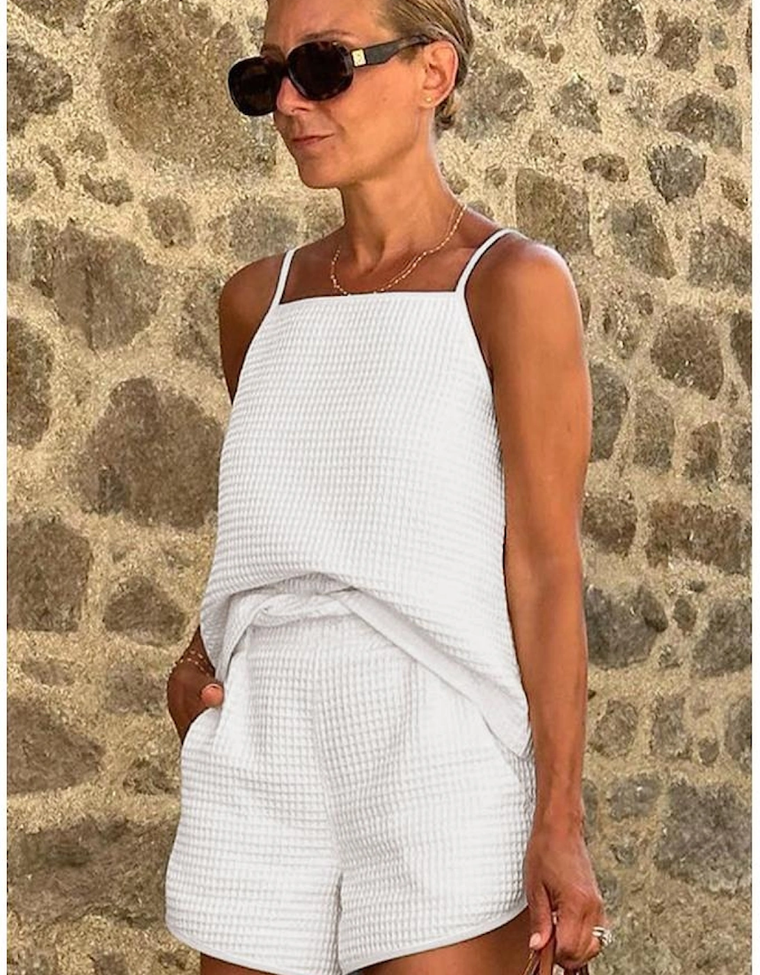 White Waffle Knit Textured Spaghetti Straps Cami and Shorts Set