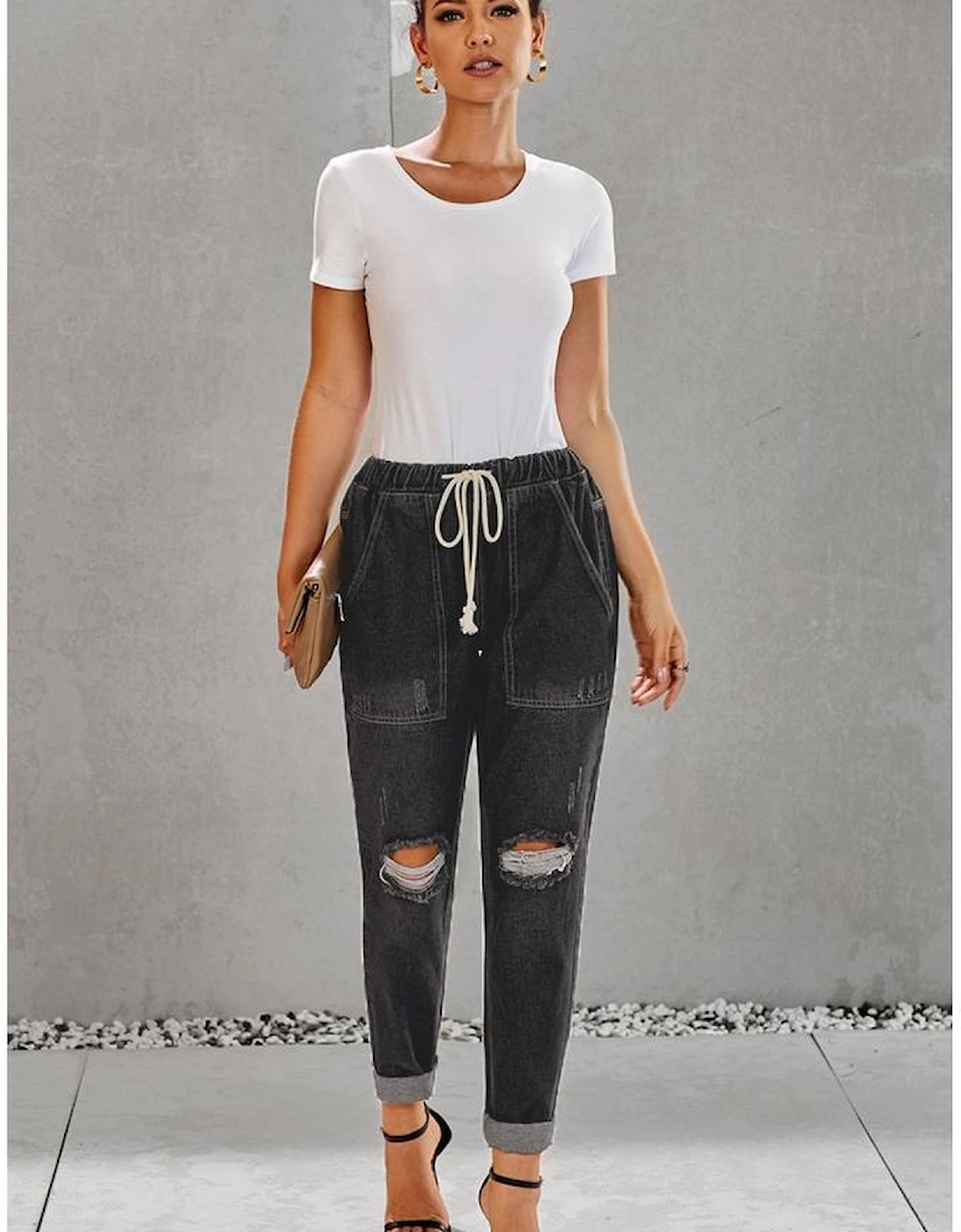 Black Gather Round Distressed Pocketed Denim Jogger, 7 of 6