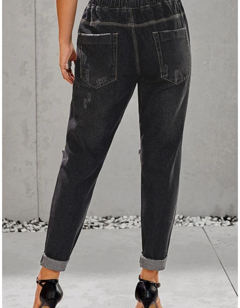 Black Gather Round Distressed Pocketed Denim Jogger