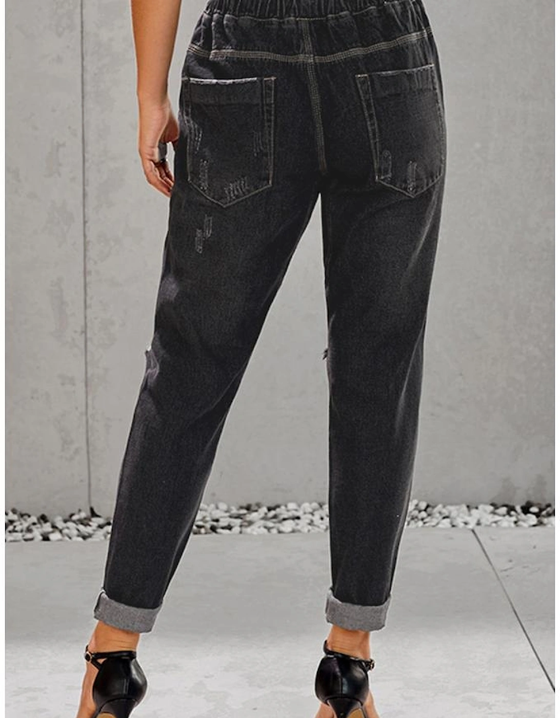 Black Gather Round Distressed Pocketed Denim Jogger