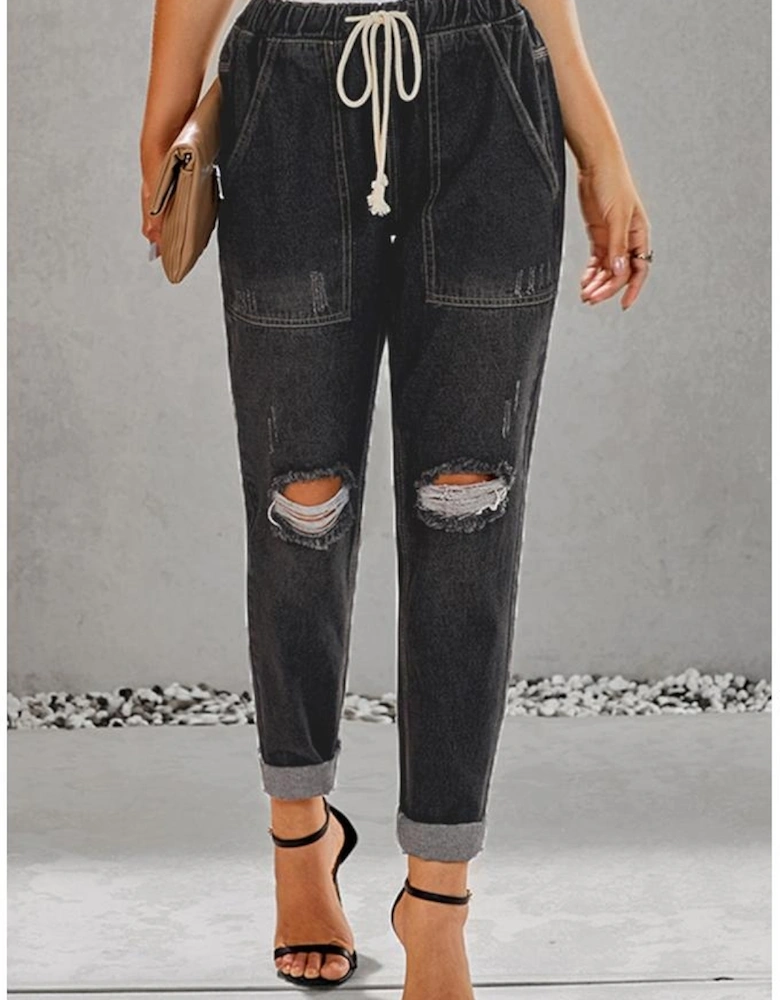Black Gather Round Distressed Pocketed Denim Jogger