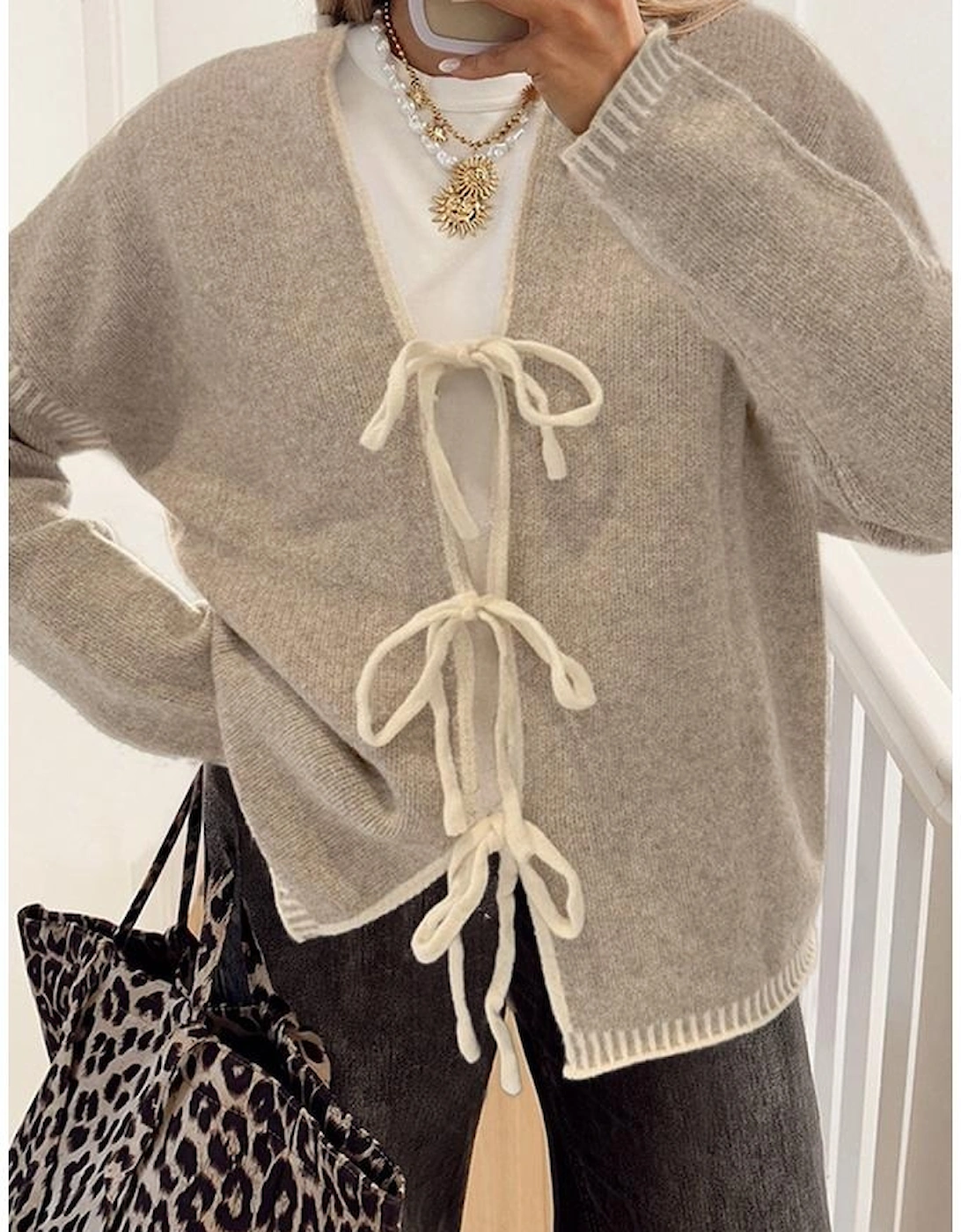 Pale Khaki Tied Front Drop Shoulder Chunky Casual Cardigan
