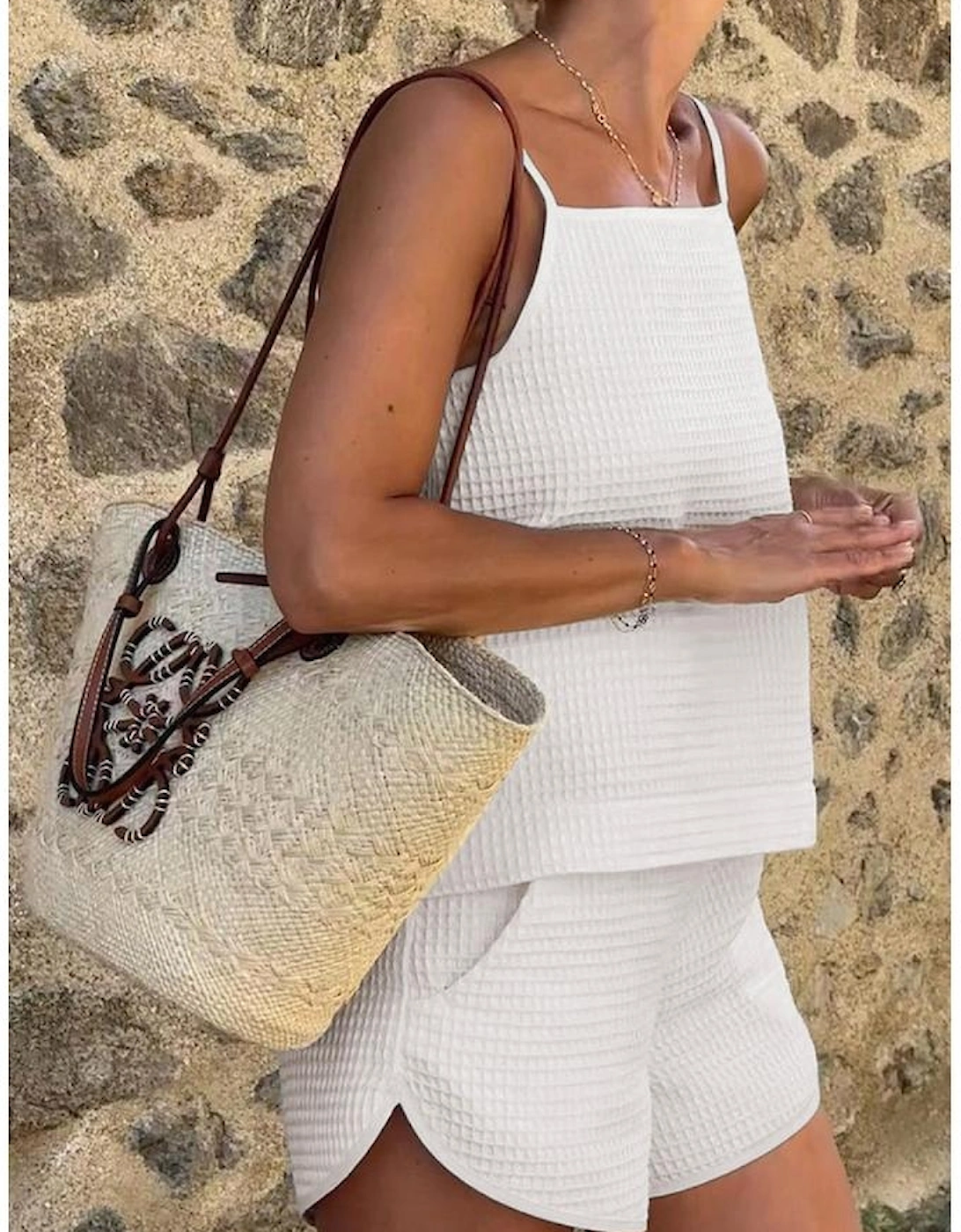 White Waffle Knit Textured Spaghetti Straps Cami and Shorts Set