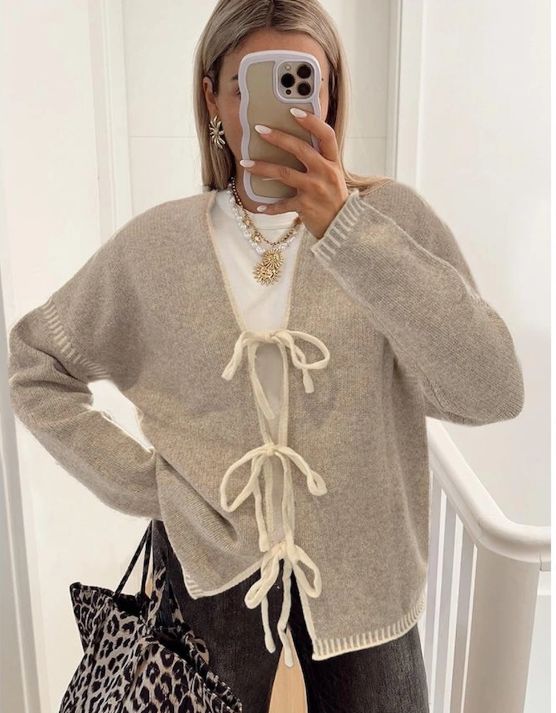 Pale Khaki Tied Front Drop Shoulder Chunky Casual Cardigan