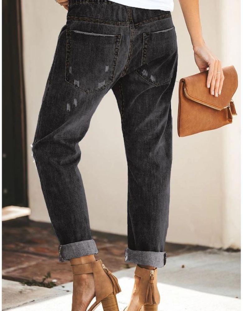 Black Gather Round Distressed Pocketed Denim Jogger