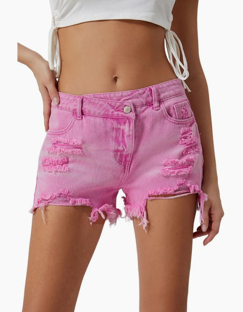 Pink High Rise Crossover Waist Denim Shorts