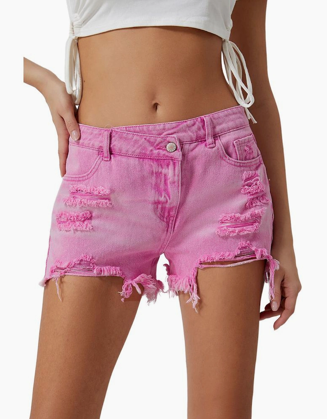 Pink High Rise Crossover Waist Denim Shorts, 11 of 10