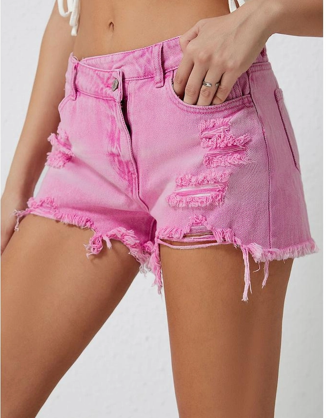 Pink High Rise Crossover Waist Denim Shorts