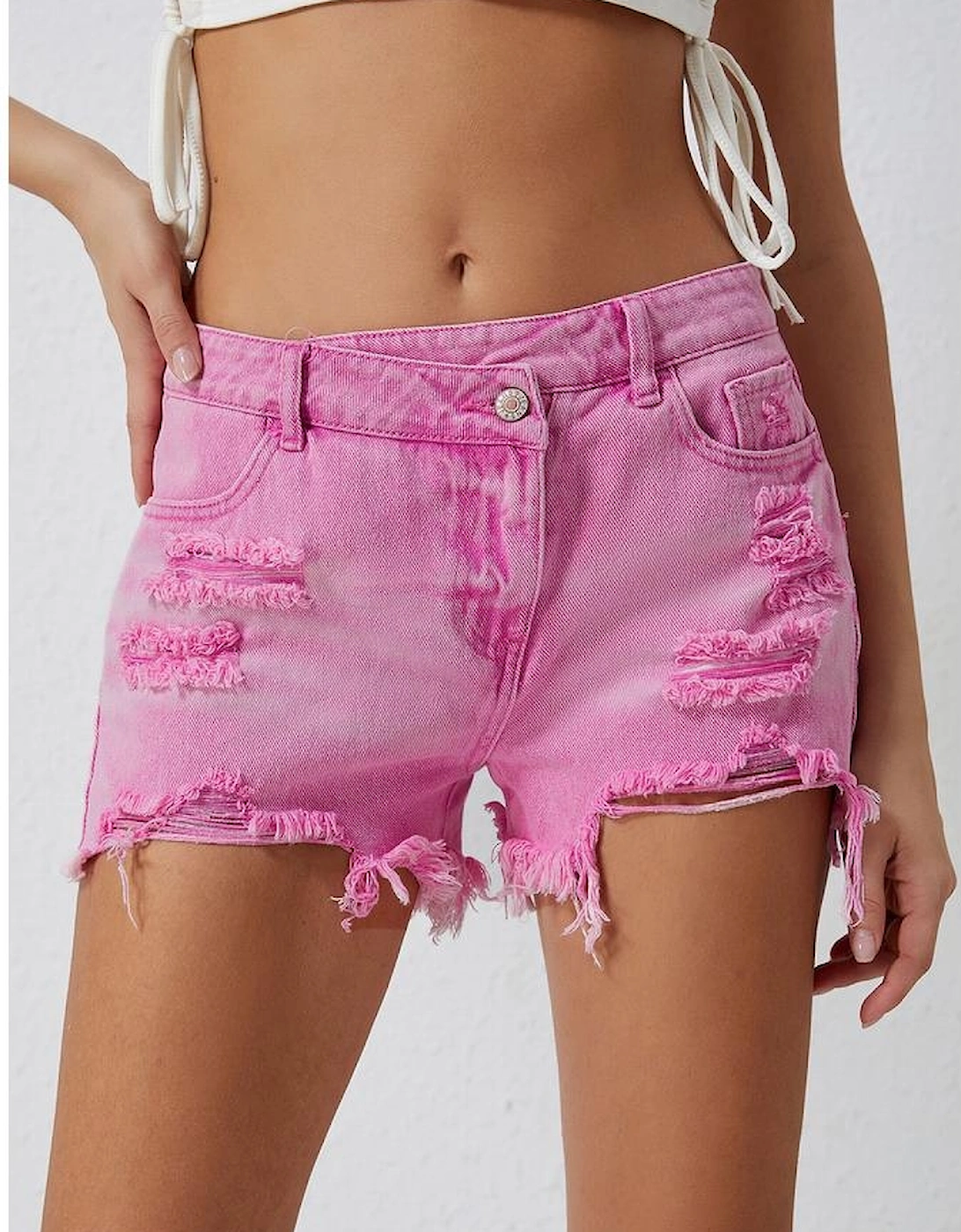 Pink High Rise Crossover Waist Denim Shorts