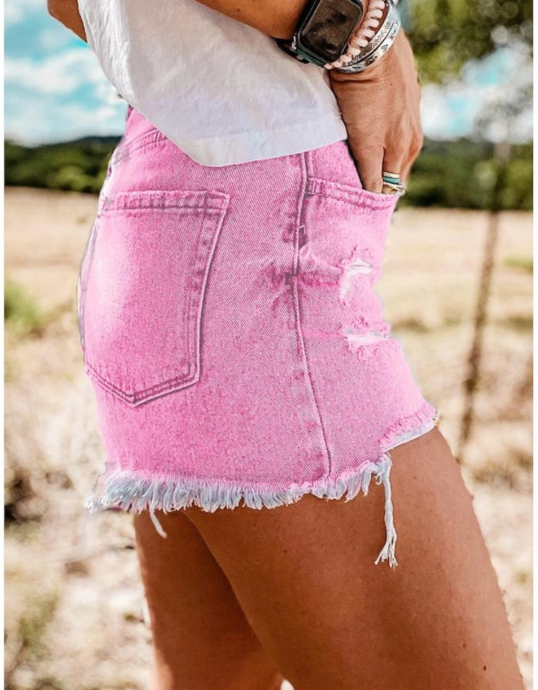 Pink High Rise Crossover Waist Denim Shorts