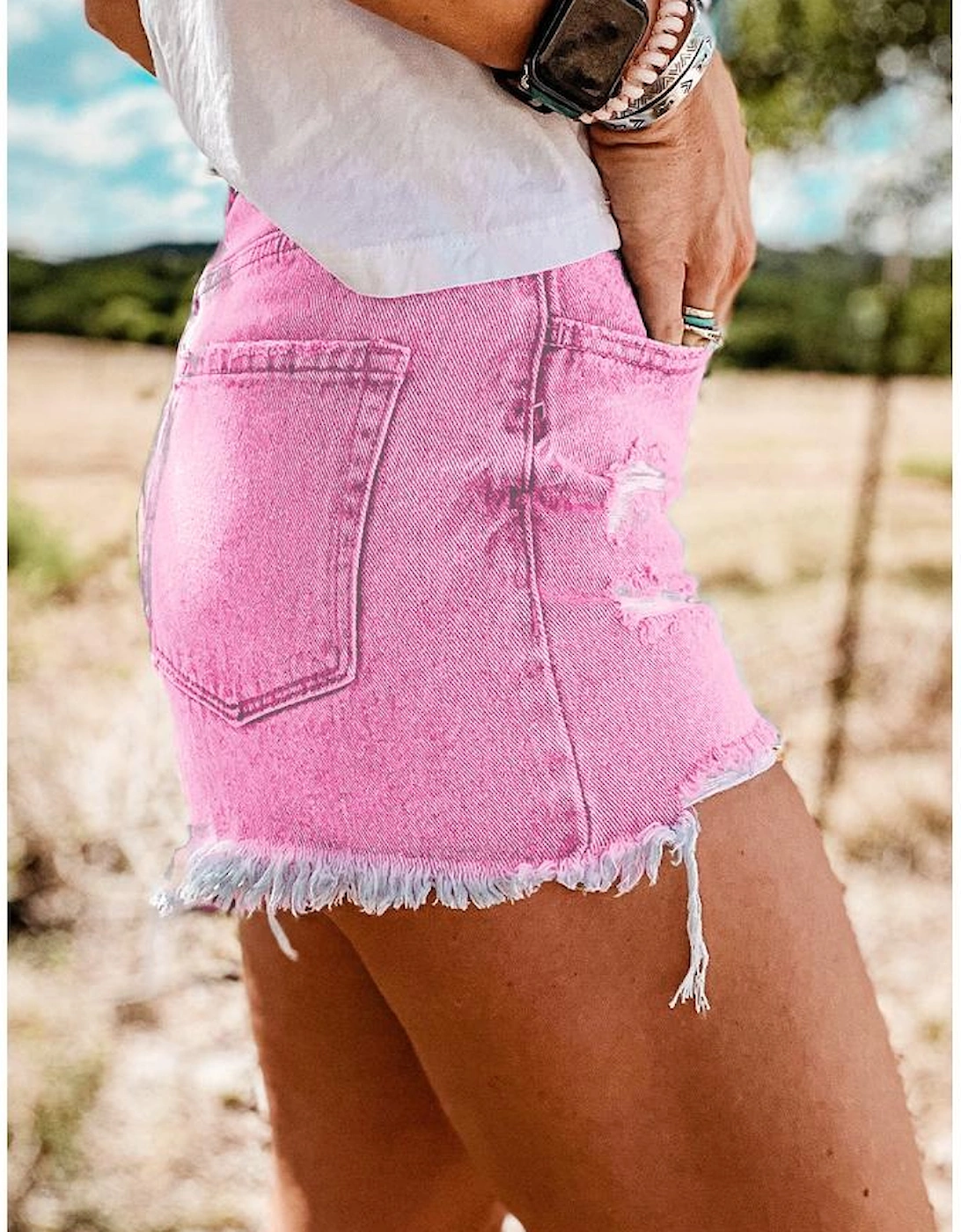 Pink High Rise Crossover Waist Denim Shorts