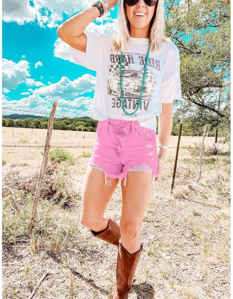 Pink High Rise Crossover Waist Denim Shorts