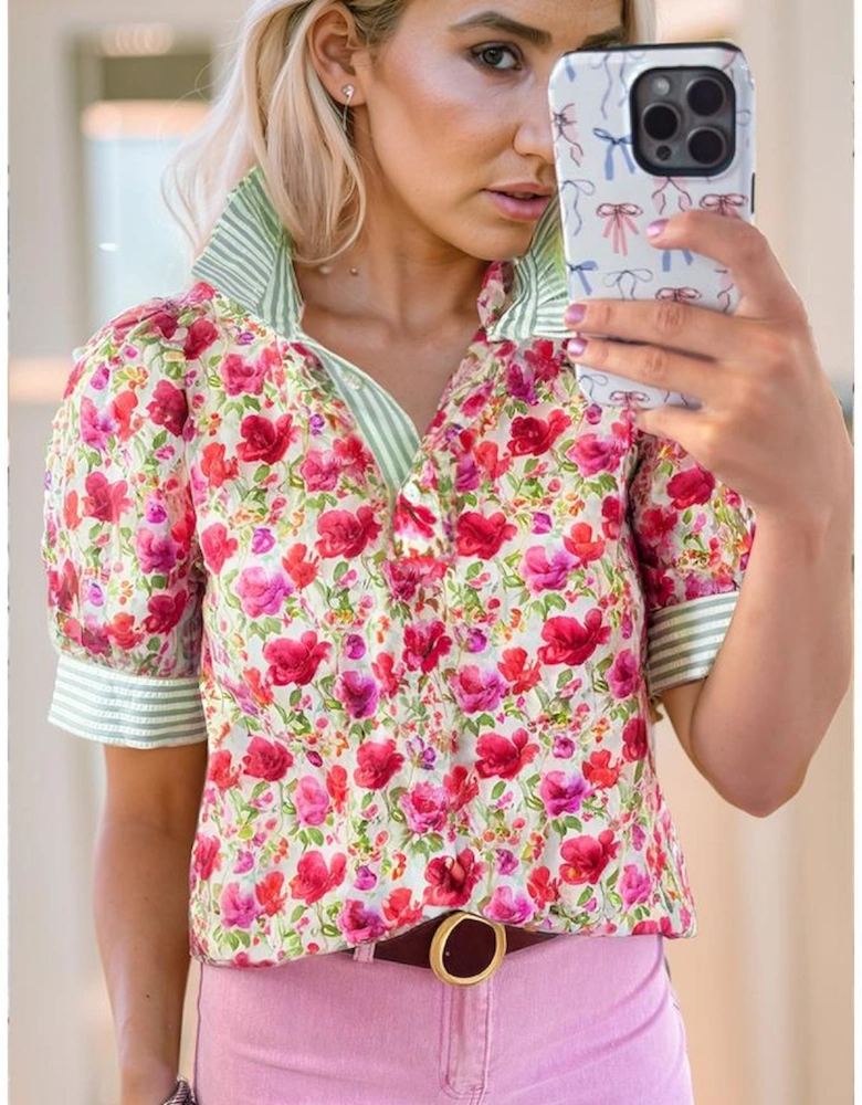 Red Floral Print Striped Patchwork Collared Short Sleeve Blouse