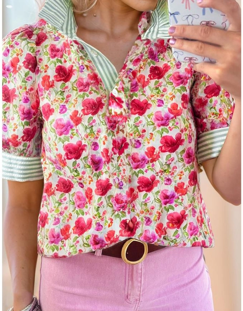 Red Floral Print Striped Patchwork Collared Short Sleeve Blouse