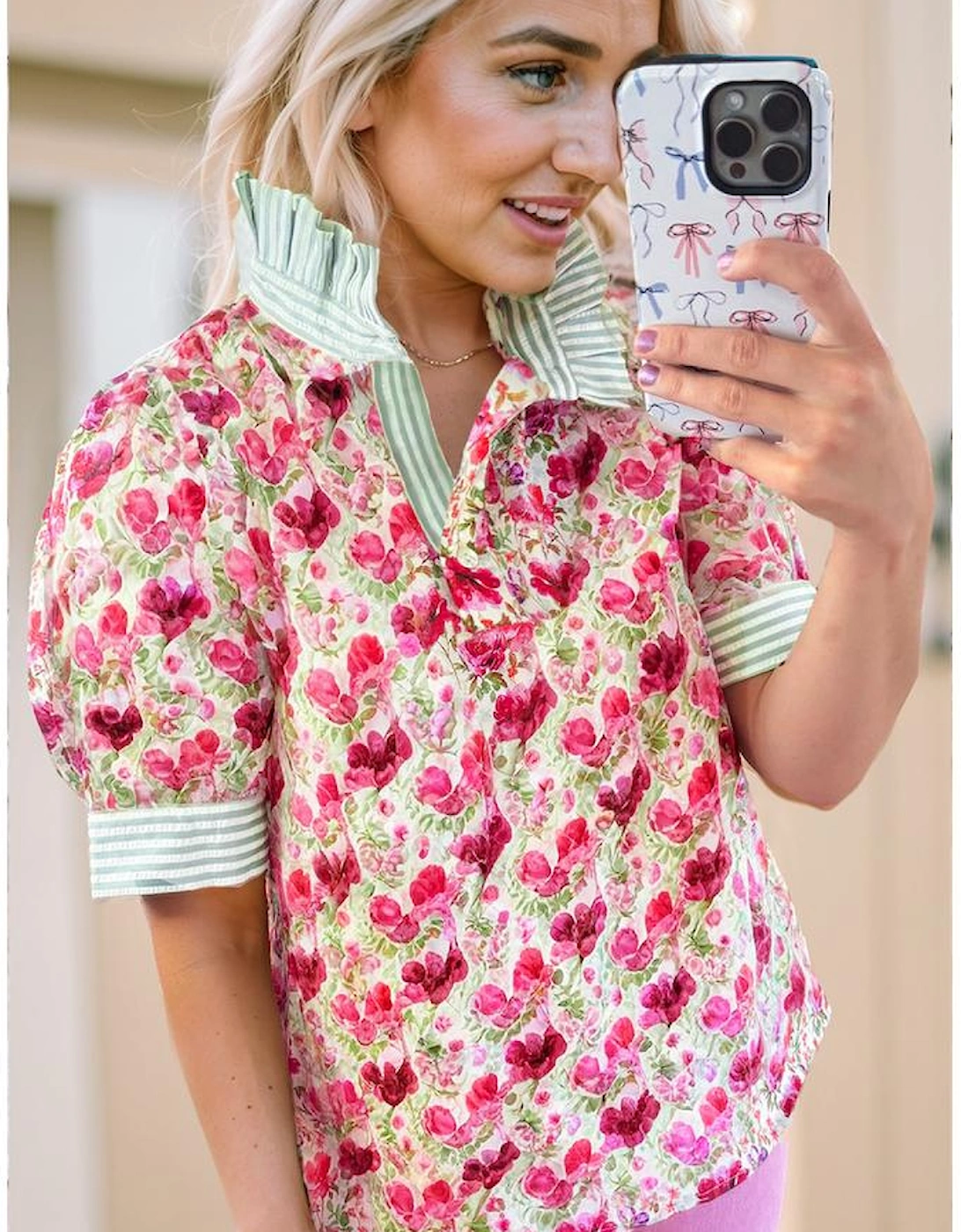 Red Floral Print Striped Patchwork Collared Short Sleeve Blouse