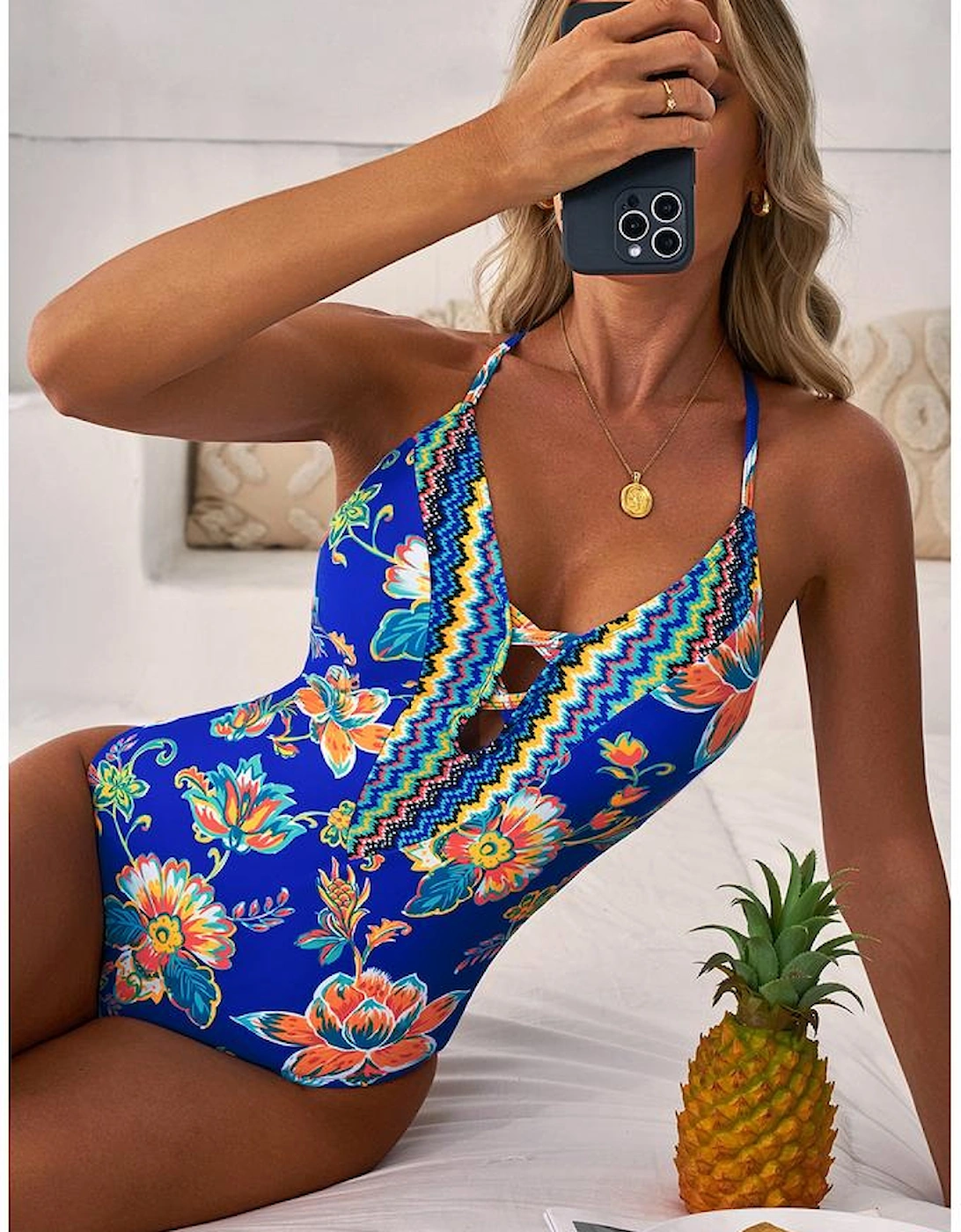 Blue Floral Plunging Slim & Sculpt One-Piece Crisscross Backless One Piece Swimsuit