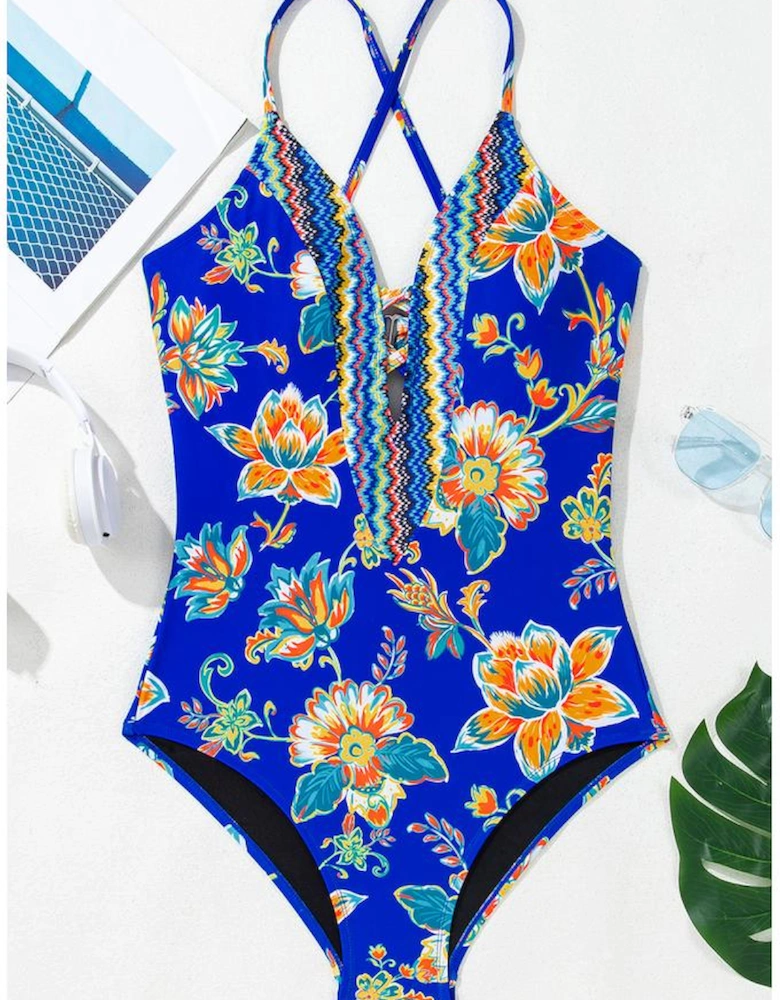 Blue Floral Plunging Slim & Sculpt One-Piece Crisscross Backless One Piece Swimsuit