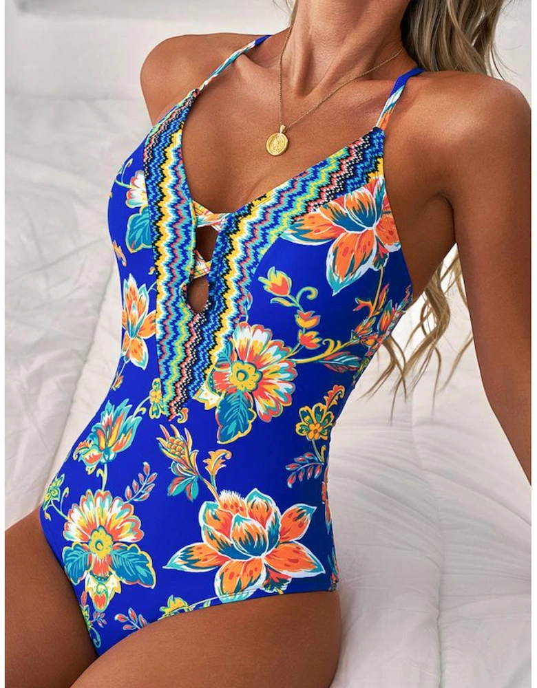 Blue Floral Plunging Slim & Sculpt One-Piece Crisscross Backless One Piece Swimsuit